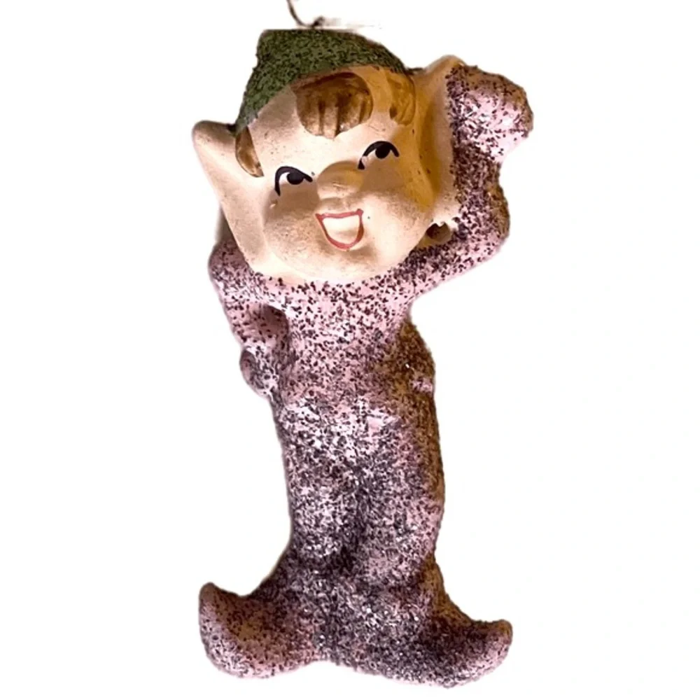 Vintage Christmas Ornament Pixie Elf Antique Japan Pink Mica Glitter 40’s 50’s